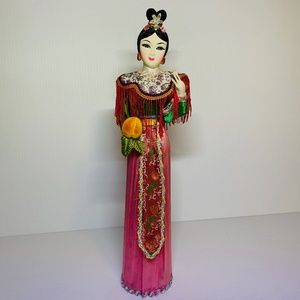 Chinese Girl Doll Holding Peach Oriental Vintage Dress 15" Dolls Collectors